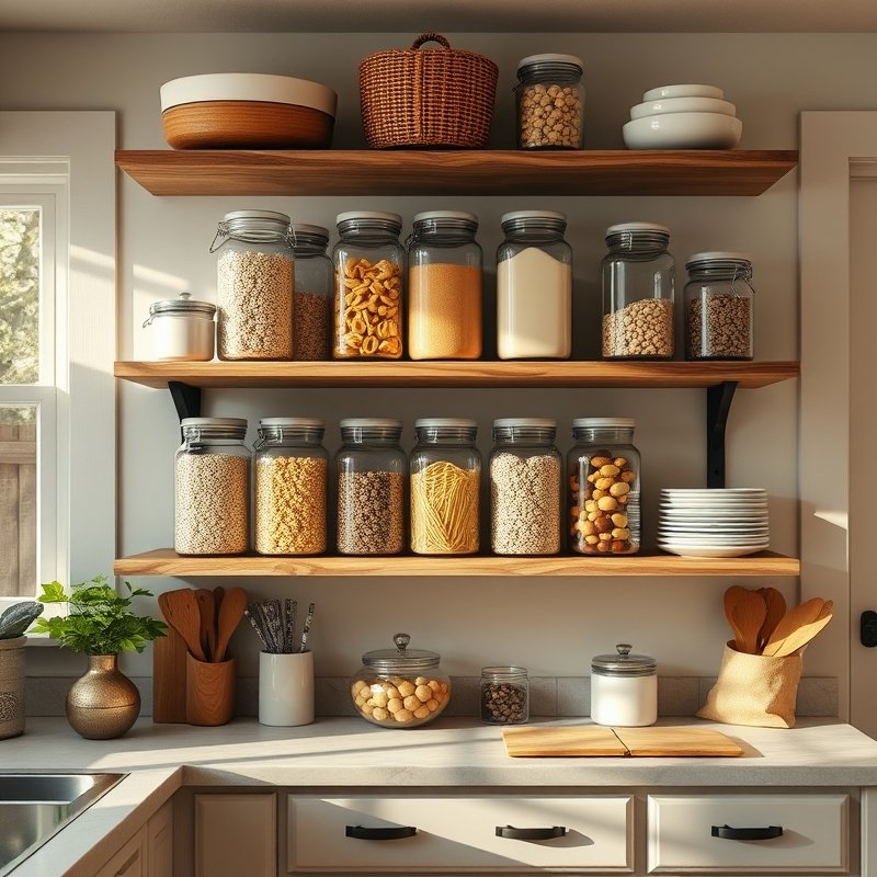 20 Kitchen Decor Ideas 2026 That Transform Your Space With Modern Style and Charm Upgrade Now 16 glass canisters with dry goods on open kitchen shelves