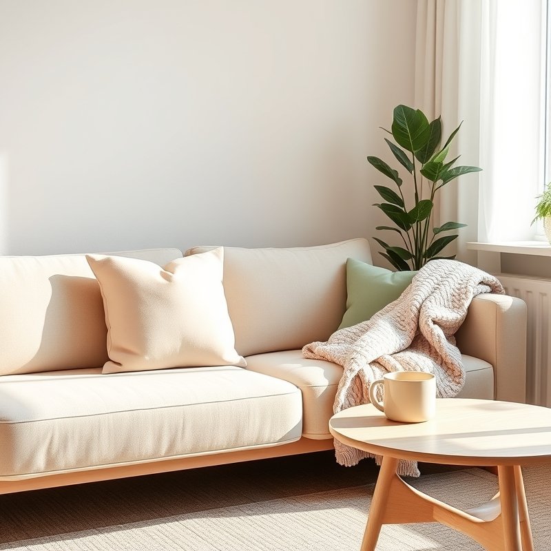 neutral sofa with pastel pink and sage green throw pillows, textured cushions