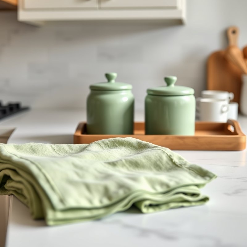 20 Green Kitchen Ideas That Bring Fresh, Natural Vibes Into Your Home Try This Look Now 16 Matcha green tea towels and ceramic canisters on a white kitchen counter