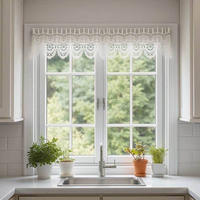 Half window lace curtain valance in a cozy kitchen
