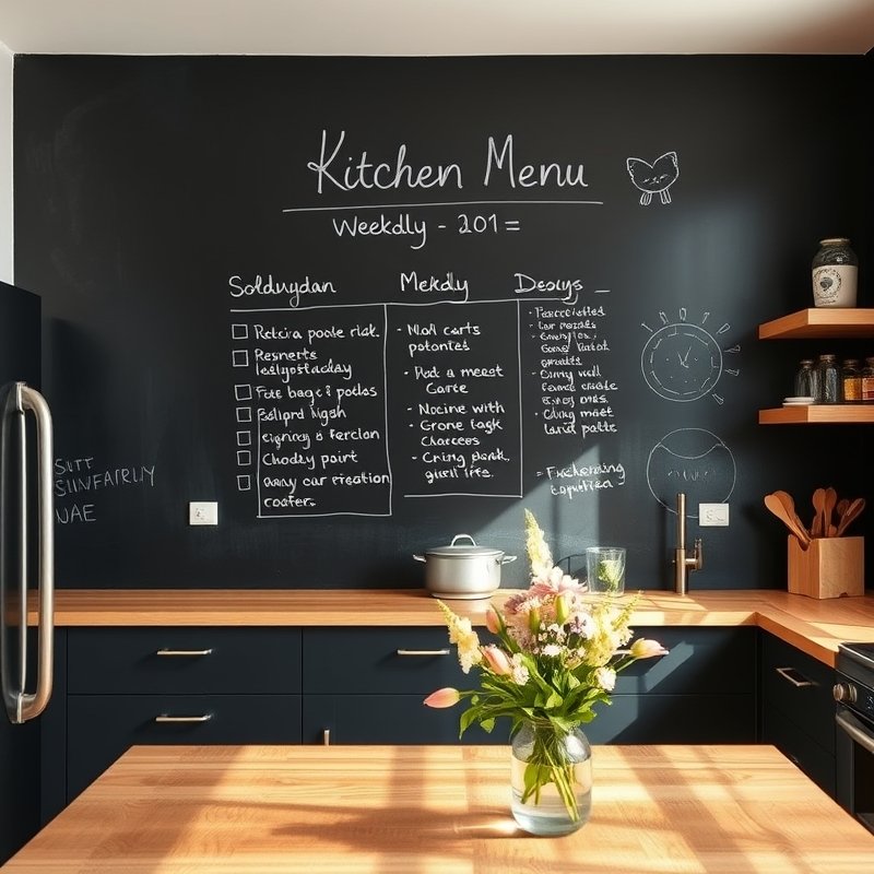 Chalkboard wall with handwritten menu and a small plant