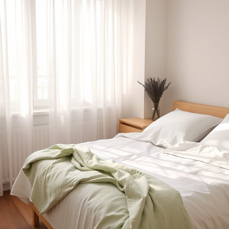 bed with a lightweight pastel quilt folded at the foot, fresh white linens