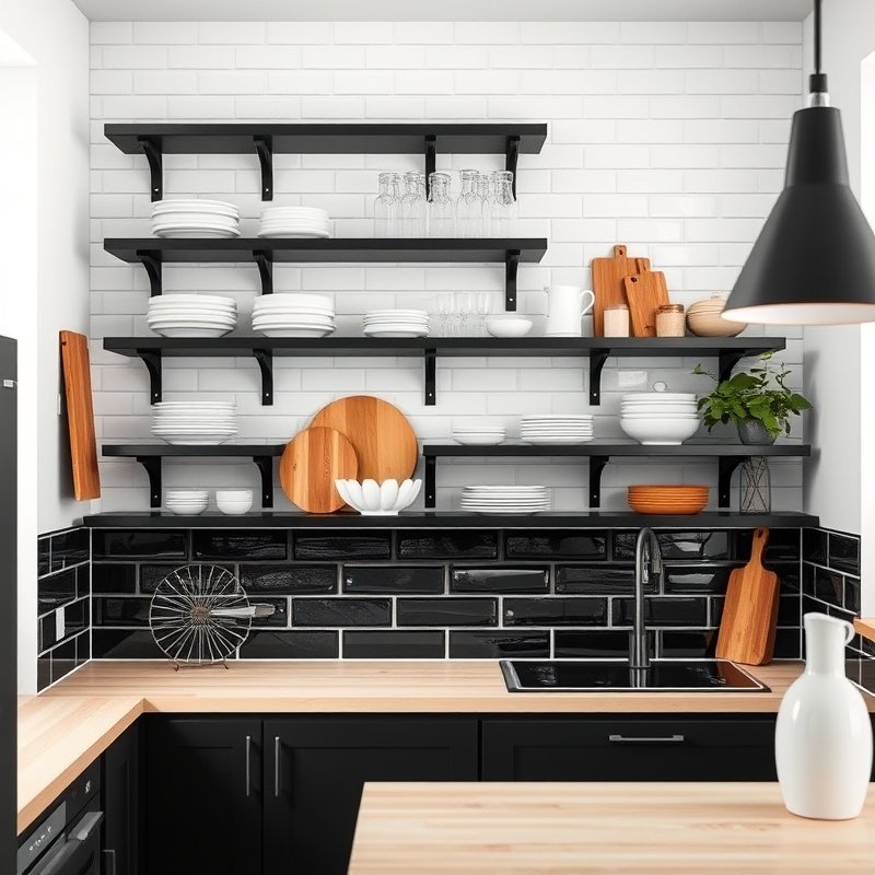 black open shelves on a white subway tile wall styled with white dishes and wooden boards
