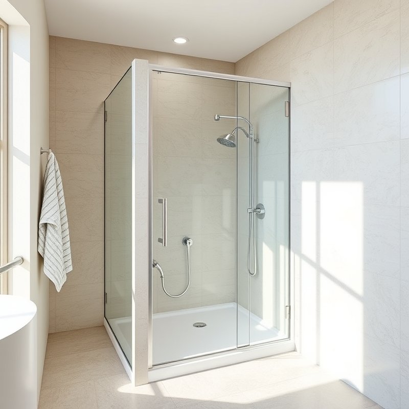 Compact bathroom with clear frameless glass shower door, seamless floor tiles continuing inside