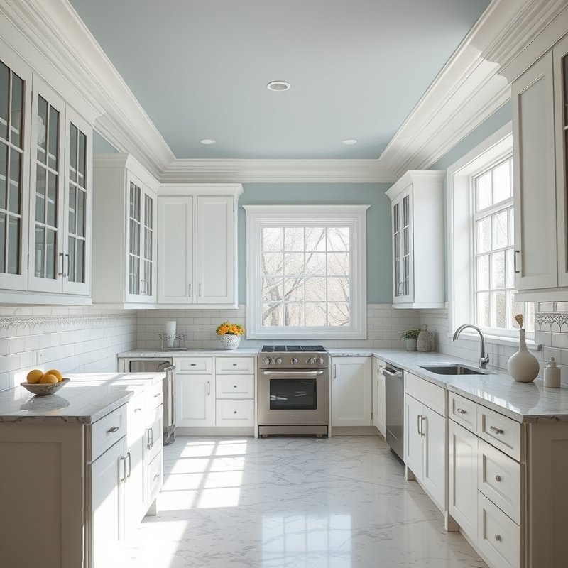 white kitchen with a soft powder blue painted ceiling and simple crown molding
