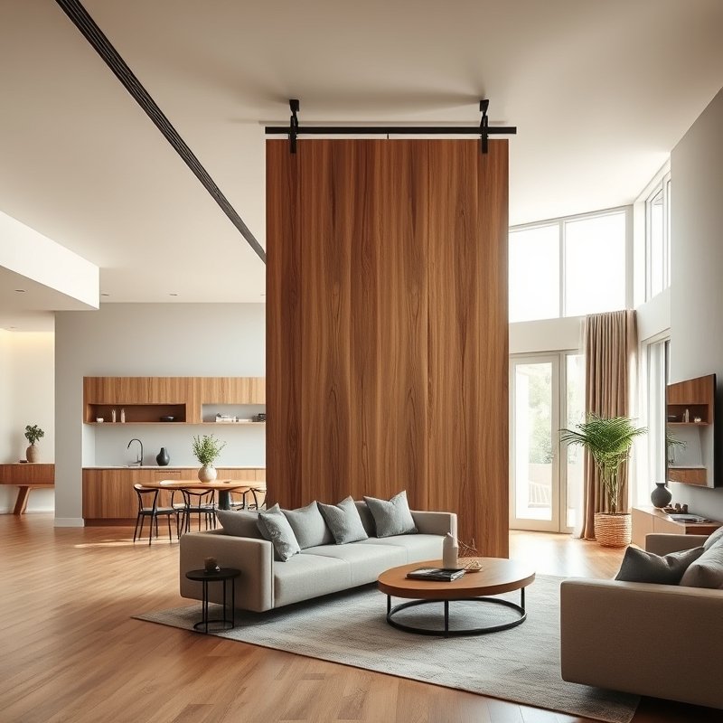 21 Living Room Ideas 2026 That Bring Fresh Trends and Modern Style Into Your Home Stay Ahead Now 12 Sliding wood panel divider partially open in an open-plan living room