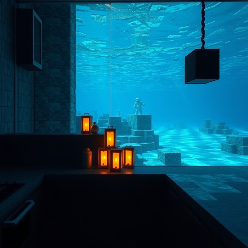 Minecraft underwater kitchen with a sea lantern illuminated window showing ocean view