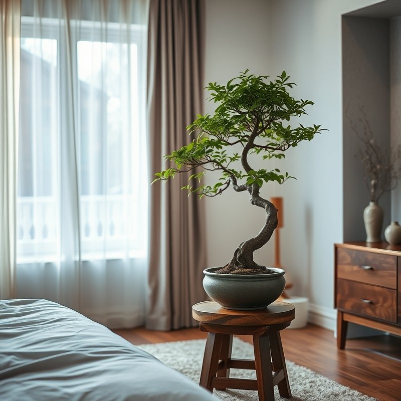 21 Japandi Bedroom Ideas That Blend Minimalist Calm With Warm Natural Beauty You Must Try 16 Small bonsai tree on a wooden stool in a minimal Japandi bedroom