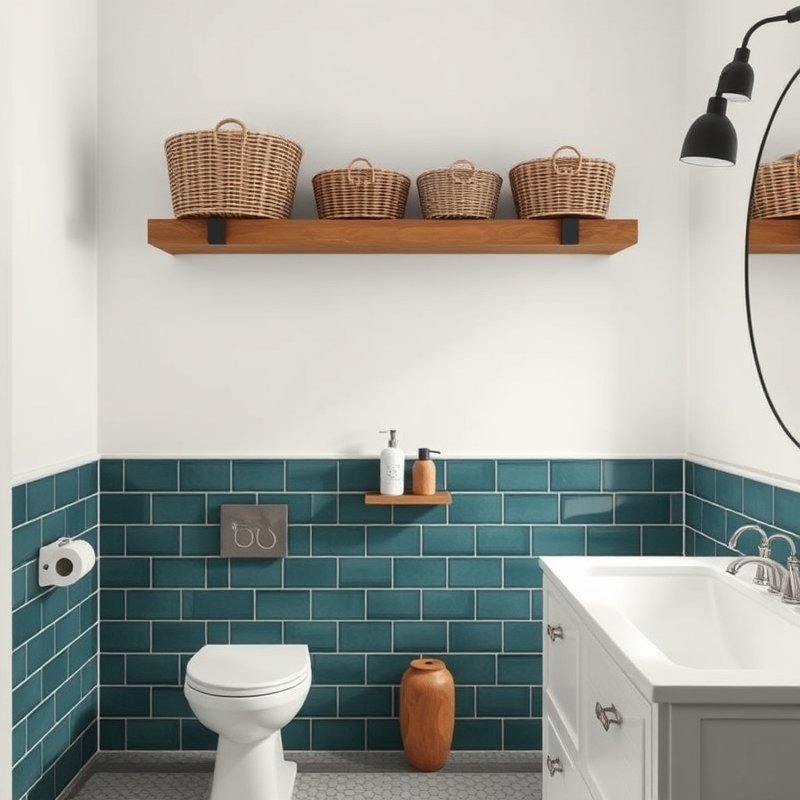 19 Green Tile Bathroom Ideas That Bring Fresh Nature Vibes and Texture Try This Look Now 17 deep teal tile wainscoting and wood shelf bathroom