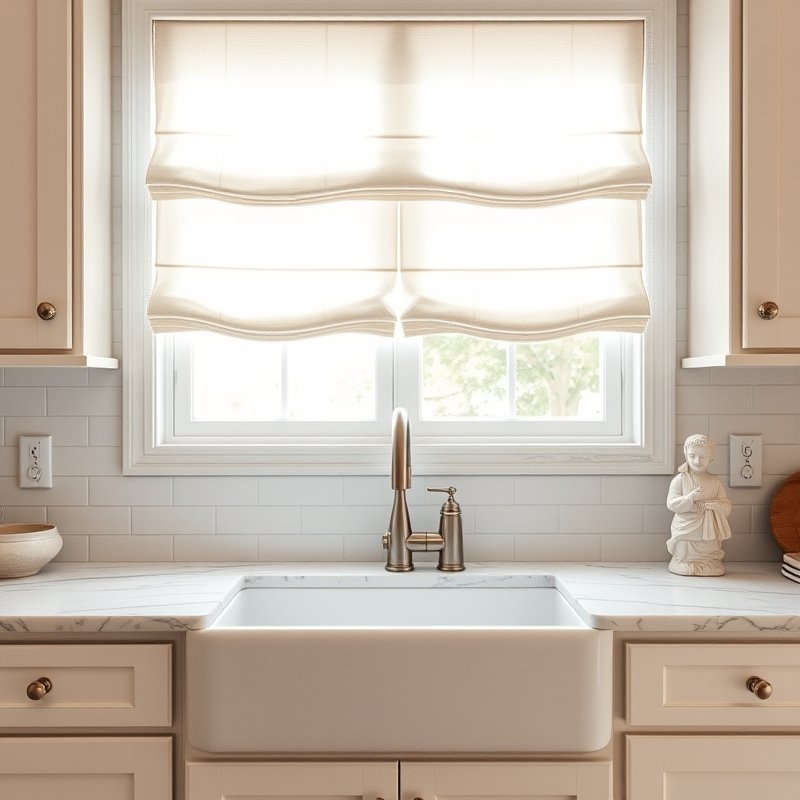 white kitchen window dressed with soft white linen roman shades, filtering daylight onto a marble countertop and white sink