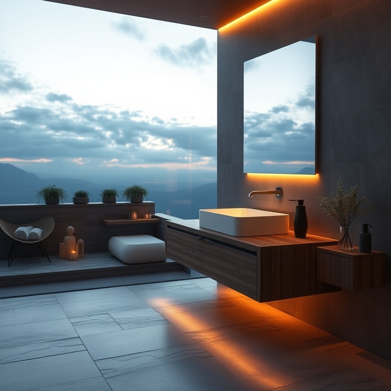 floating bathroom vanity with warm LED strip lighting underneath