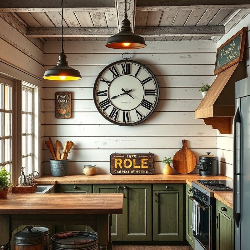 14 Cottage Kitchen Ideas That Create a Charming, Rustic, and Timeless Look Get Inspired Today 8 vintage wall clock and aged wooden sign in a cottage kitchen