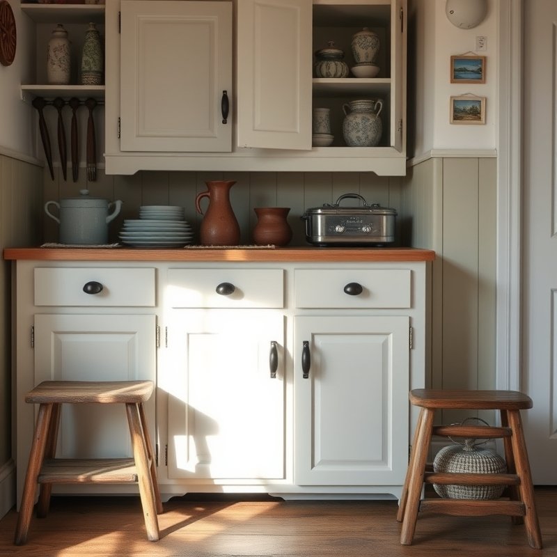 14 Cottage Kitchen Ideas That Create a Charming, Rustic, and Timeless Look Get Inspired Today 13 old wooden step stool next to a kitchen cabinet