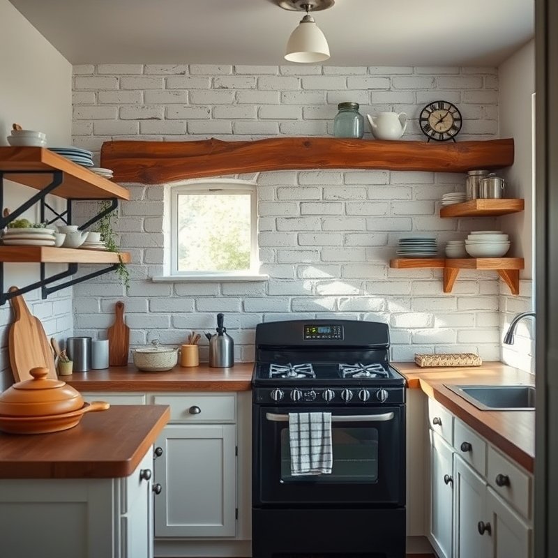 14 Cottage Kitchen Ideas That Create a Charming, Rustic, and Timeless Look Get Inspired Today 9 exposed brick backsplash behind a stove in a cottage kitchen