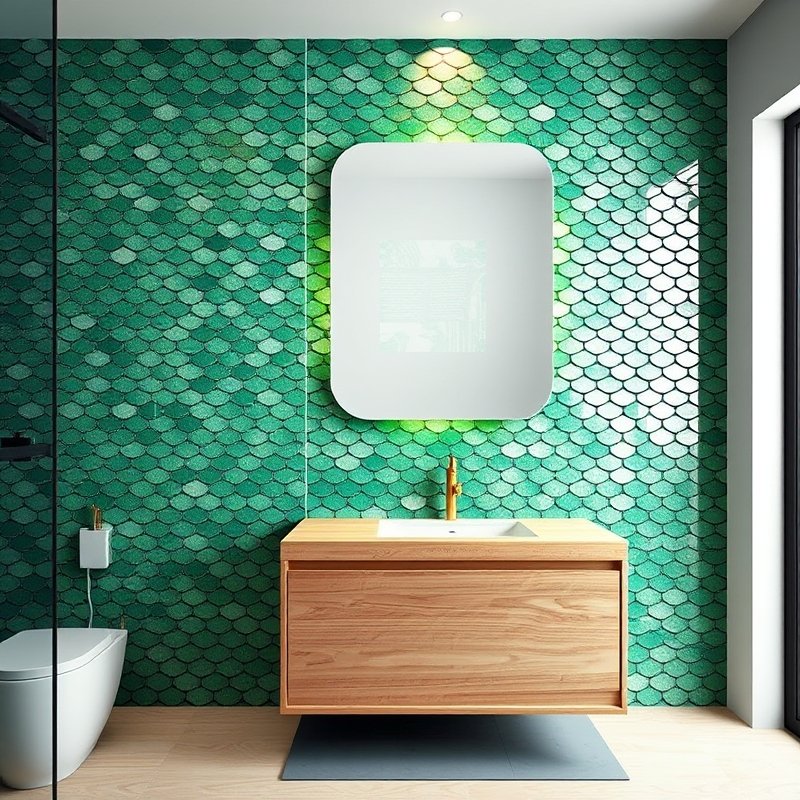 19 Green Tile Bathroom Ideas That Bring Fresh Nature Vibes and Texture Try This Look Now 12 shimmering green fish scale tile feature wall in bathroom