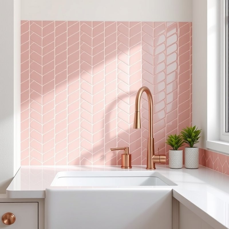kitchen with pink herringbone backsplash and rose gold gooseneck faucet