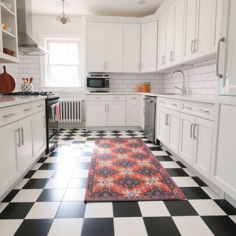 Black and white checkered peel-and-stick floor tiles in a kitchen