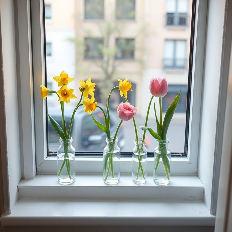 three small glass vases each holding a few spring tulips and daffodils on a windowsill
