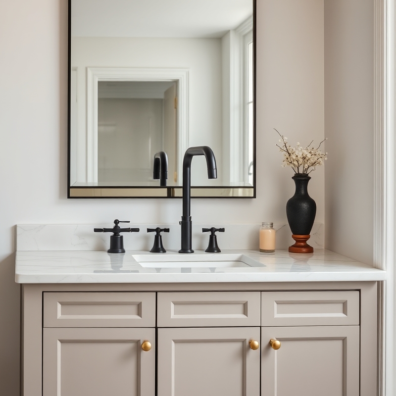 luxury bathroom sink with matte black faucet and warm brass handles