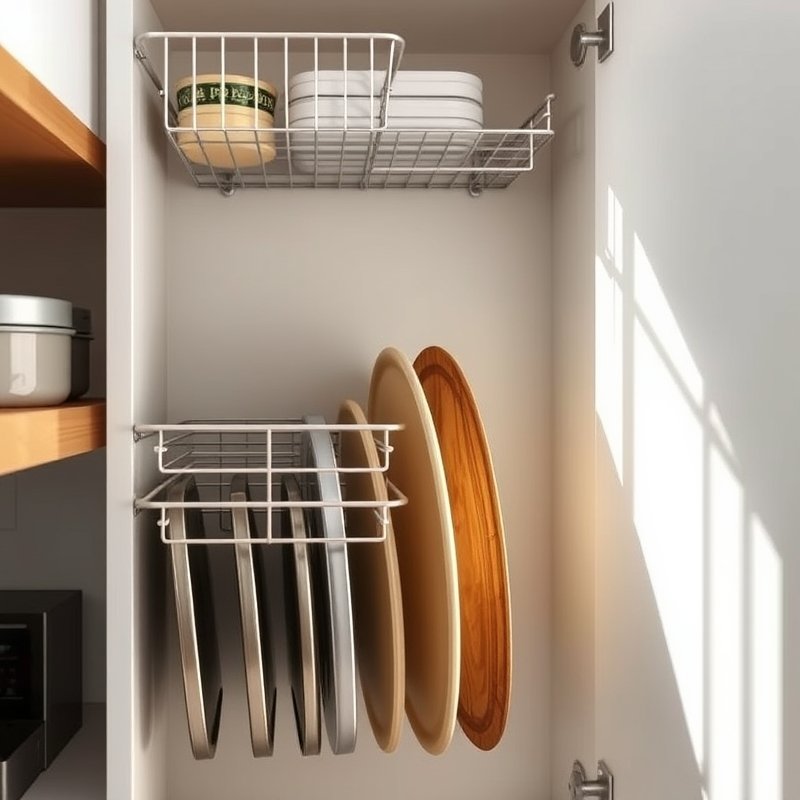 21 Kitchen Organization Ideas That Declutter Your Space and Make Cooking Easier Try These Now 12 tall narrow cabinet with two wire baskets holding cutting boards and baking sheets upright
