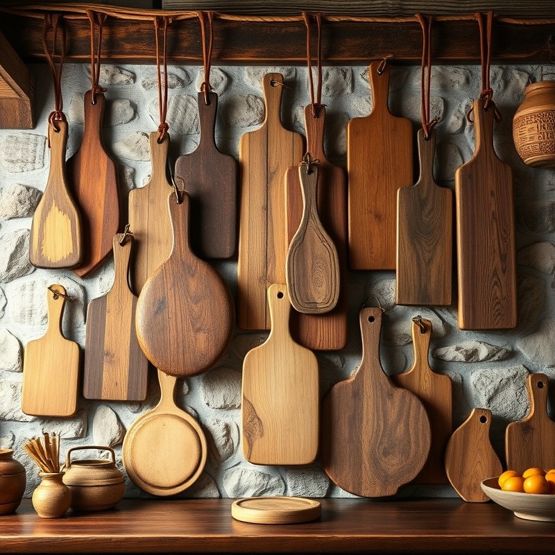 Wall display of various wooden cutting boards of different shapes