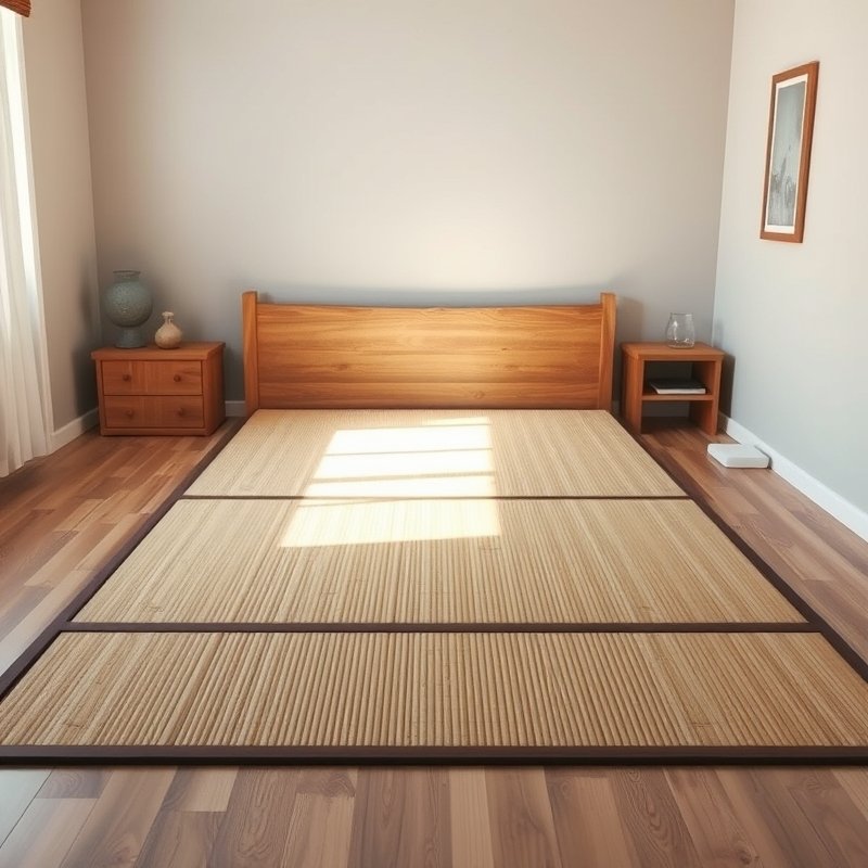 21 Japandi Bedroom Ideas That Blend Minimalist Calm With Warm Natural Beauty You Must Try 20 Large tatami-style woven rug under a low bed in a Japandi bedroom