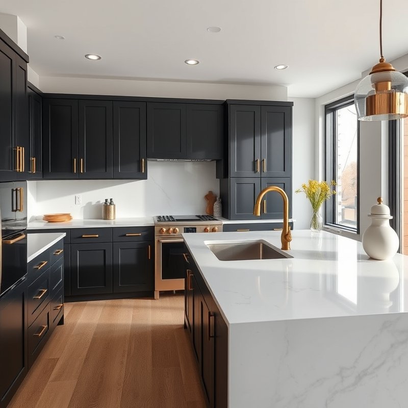 matte black kitchen cabinets with brass handles and marble countertops in a sun-filled modern apartment