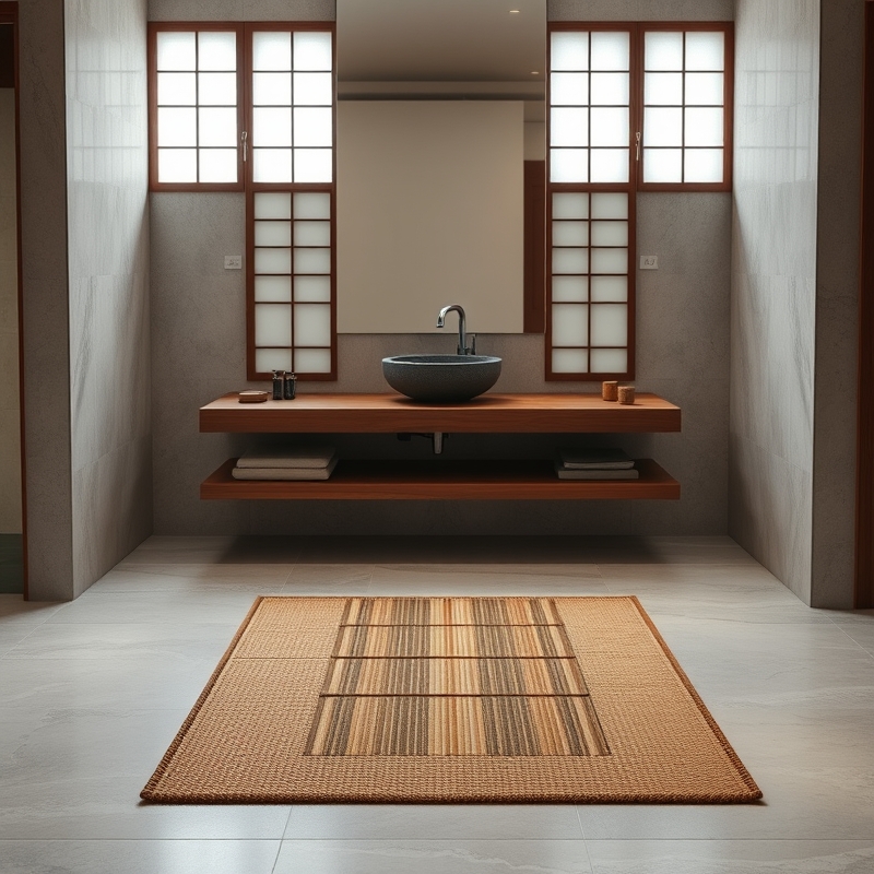 tatami mat flooring section near a bathroom vanity