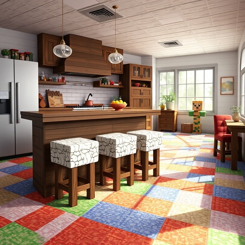 Minecraft bar counter with colorful wool cushion stools made from fences and carpet