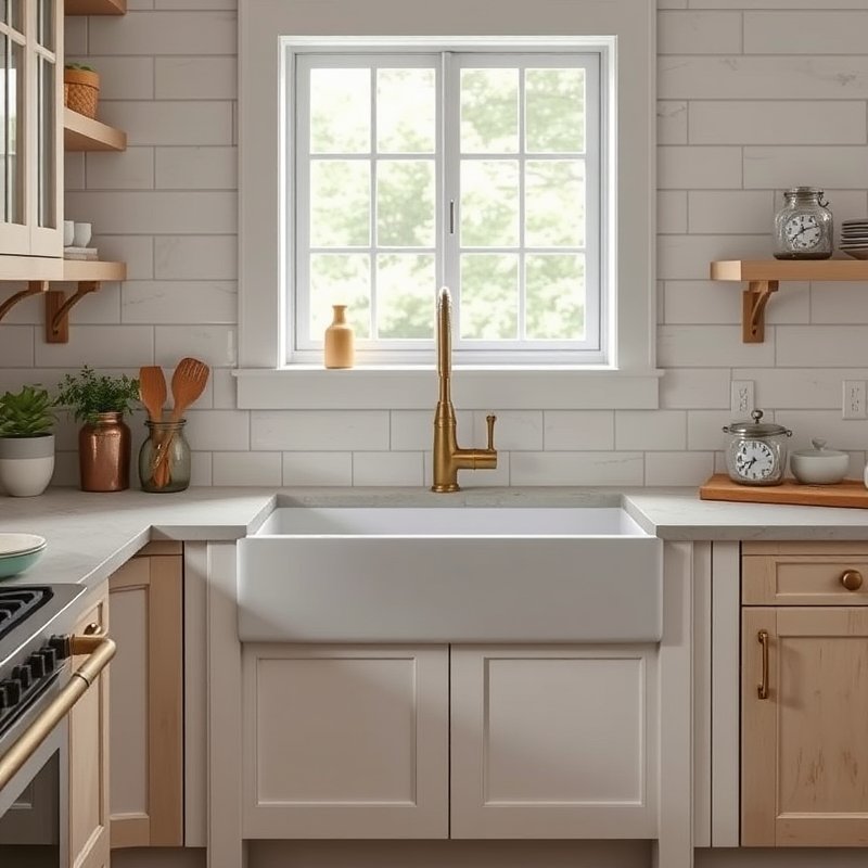 White farmhouse apron sink in a rustic kitchen with brass faucet