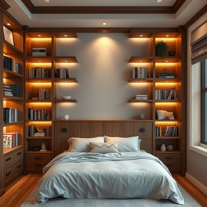 25 Luxury Bedroom Ideas That Make Your Room Feel Like a Five-Star Retreat Get Inspired Today 16 bedroom with built in shelves and hidden led lighting