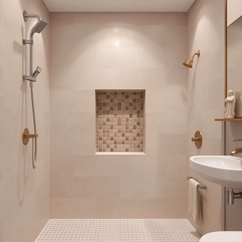 Tiled shower with minimalist recessed niche holding a bar of soap and a small bottle