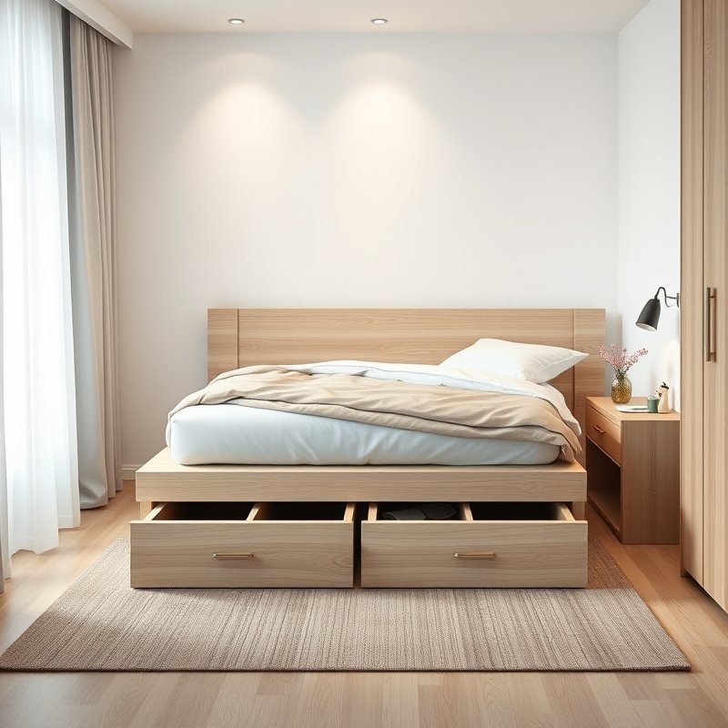 bed with storage drawers underneath in small bedroom