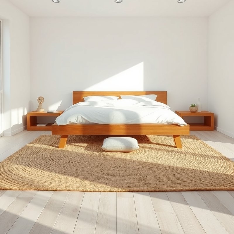 low wooden platform bed on a large jute rug with minimalist boho decor