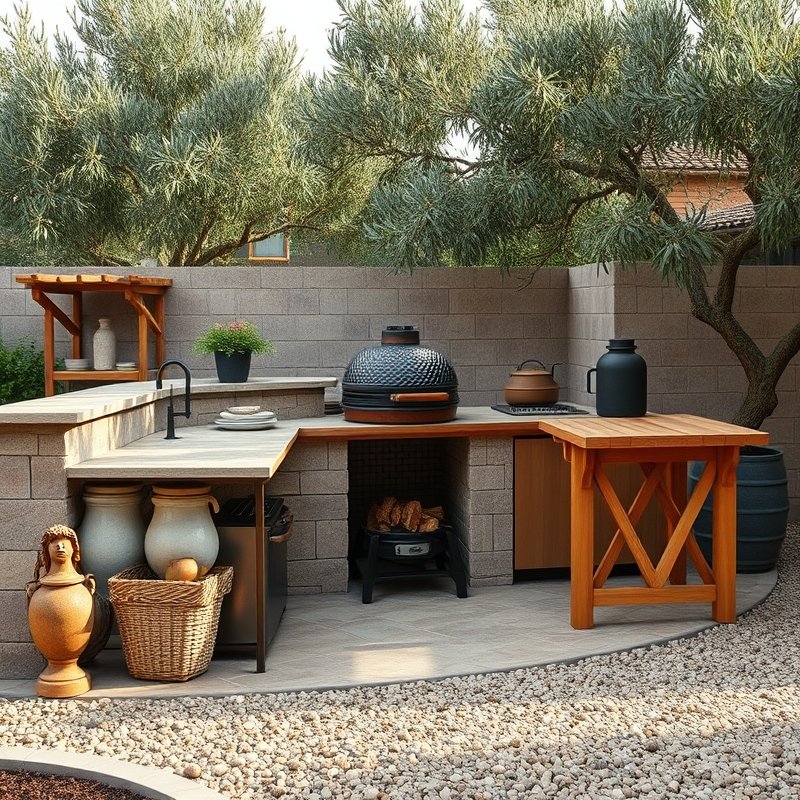23 Kitchen Outdoor Ideas That Create the Perfect Backyard Cooking Space Start Designing Today 9 built-in kamado grill nestled into a stone counter with wood storage below