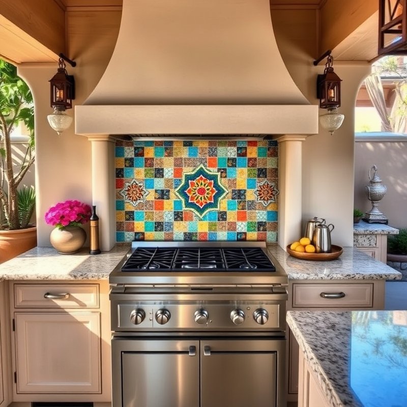 23 Kitchen Outdoor Ideas That Create the Perfect Backyard Cooking Space Start Designing Today 14 colorful mosaic tile backsplash behind an outdoor kitchen counter