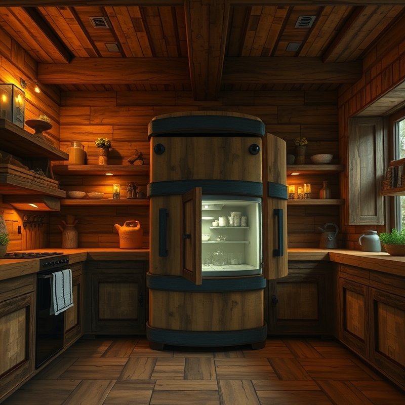 Minecraft kitchen with a fridge made from barrels and spruce trapdoors
