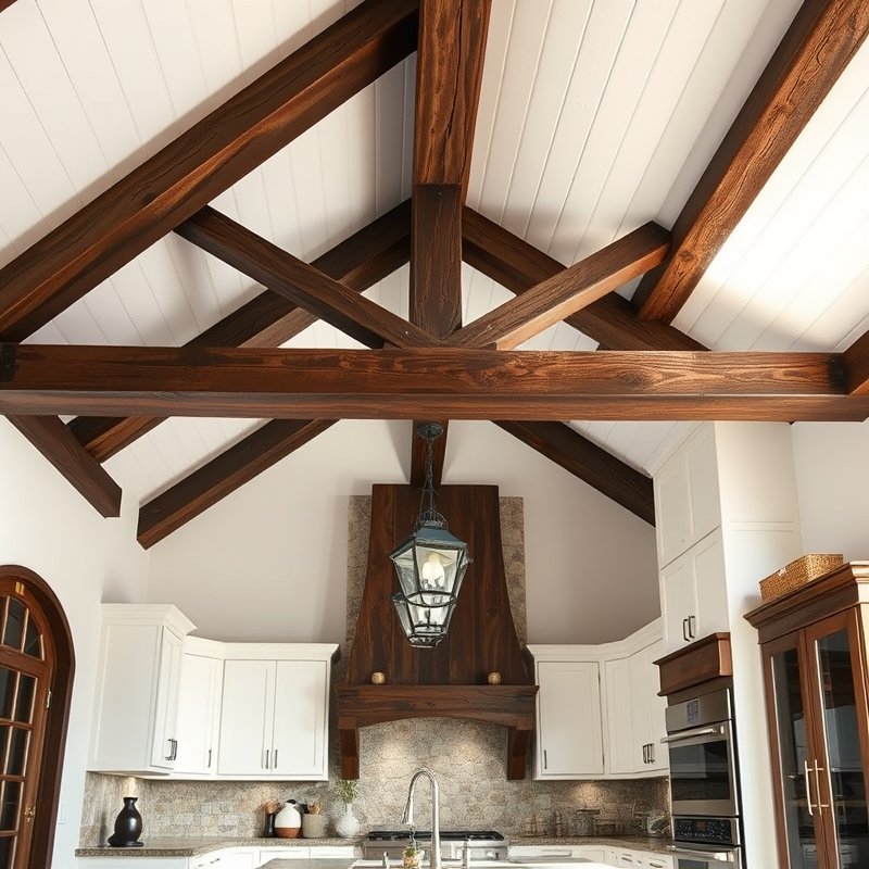 Rustic kitchen with dark exposed wooden beams on a white ceiling
