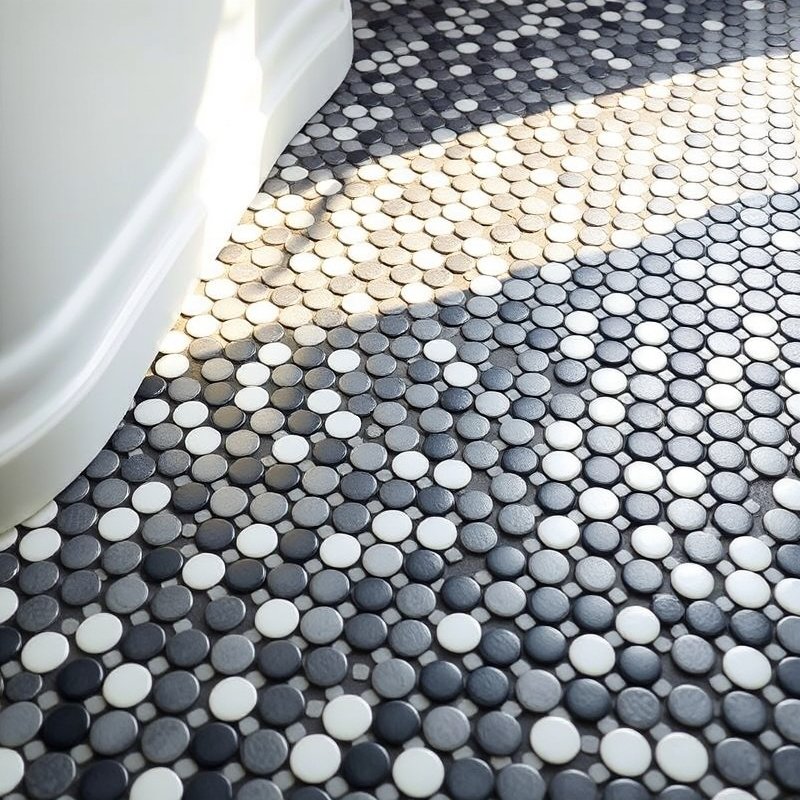 24 Black and White Bathroom Ideas That Create a Timeless, Elegant Look You Must Try 13 checkerboard pattern made of black and white penny round tiles on the floor