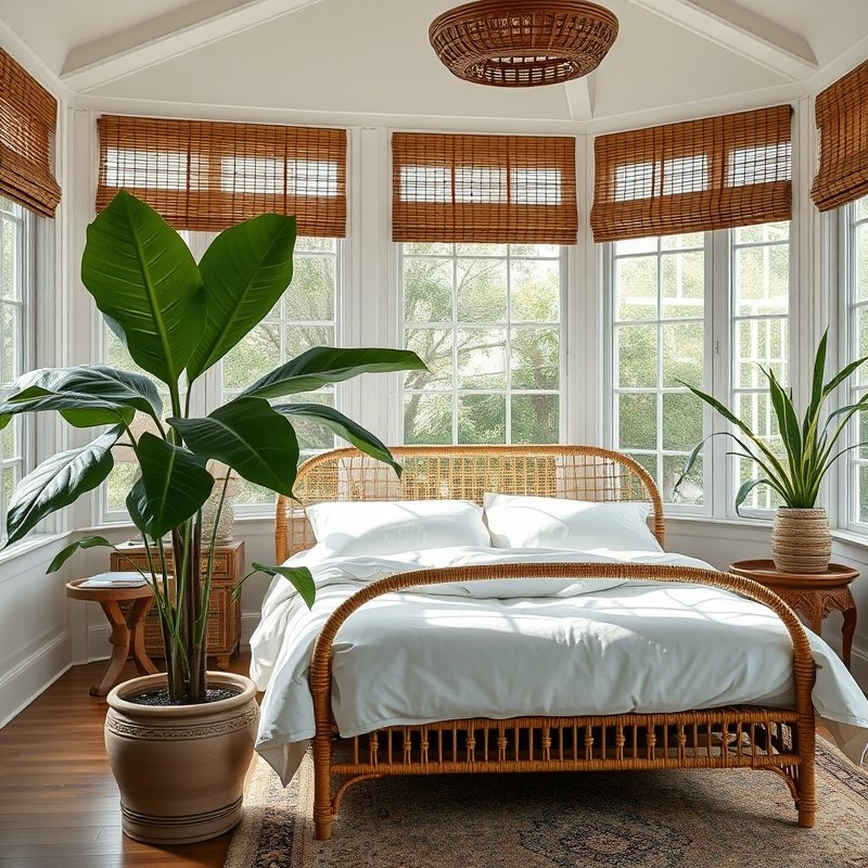 bedroom with a curved rattan bed frame, white bedding, and a palm plant