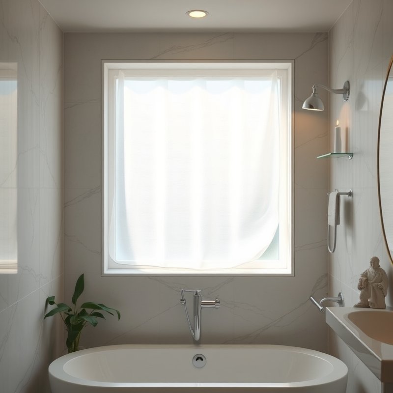 Bathroom window with frosted film letting in soft daylight, white walls around it