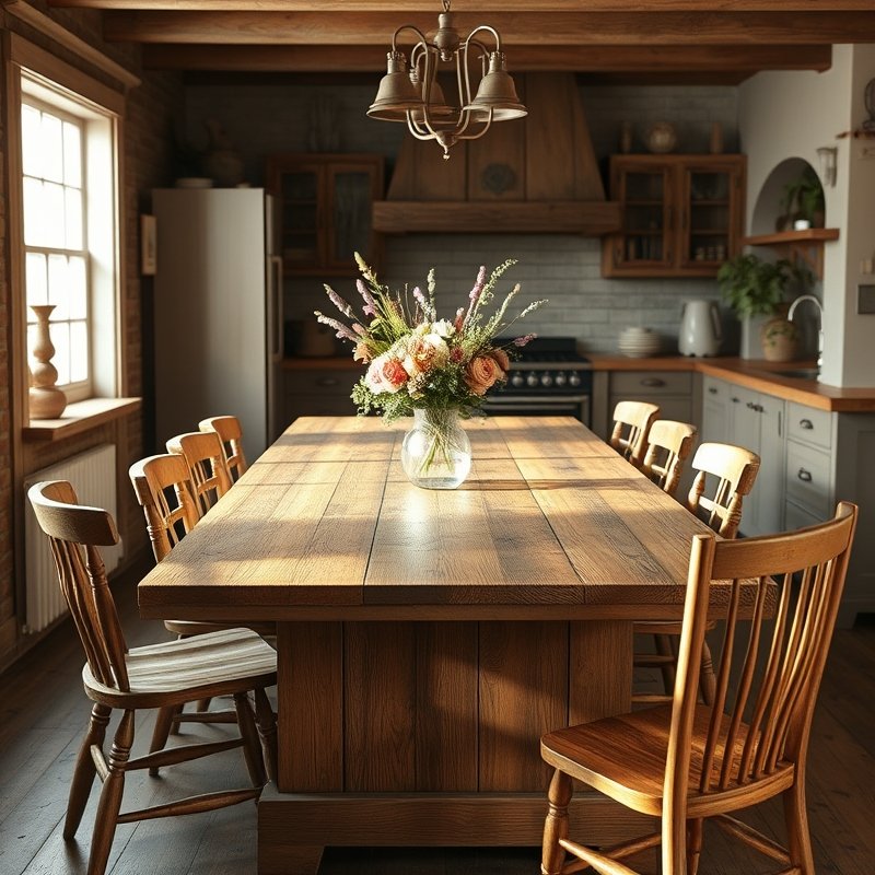 Large vintage farmhouse table in a sunny kitchen with mix-and-match chairs