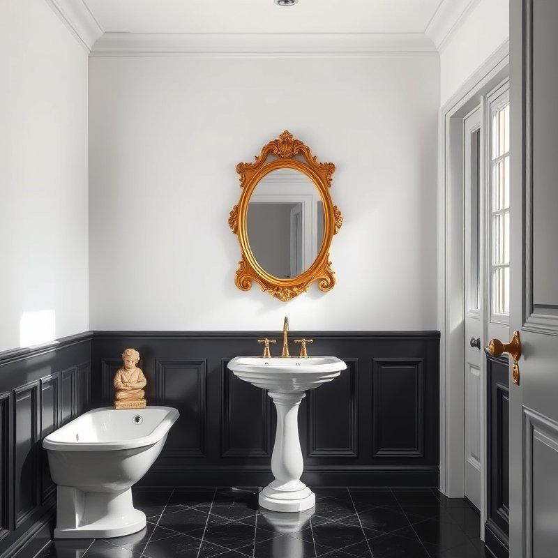 23 Black Bathroom Ideas That Look Bold, Modern, and Ultra Stylish Upgrade Your Space Today 6 bathroom with glossy black wainscoting and white upper walls