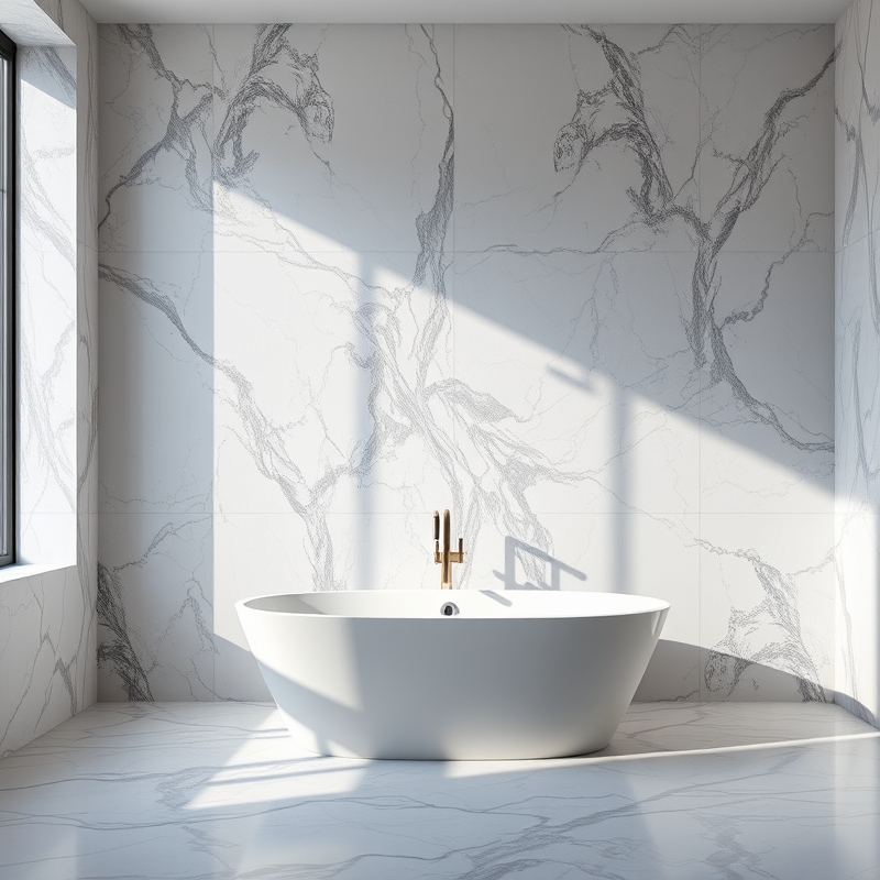 bathroom walls clad in dramatic floor-to-ceiling marble slabs