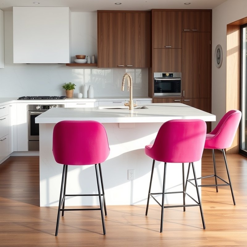 white kitchen peninsula with three bubblegum pink upholstered bar stools