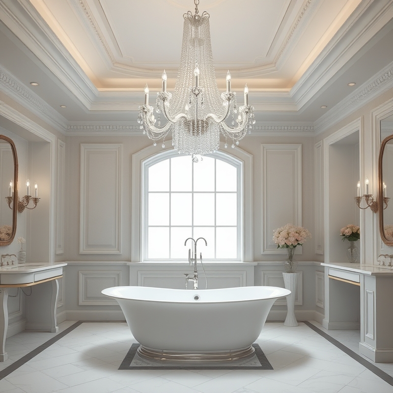crystal chandelier hanging above a freestanding tub in a luxury bathroom