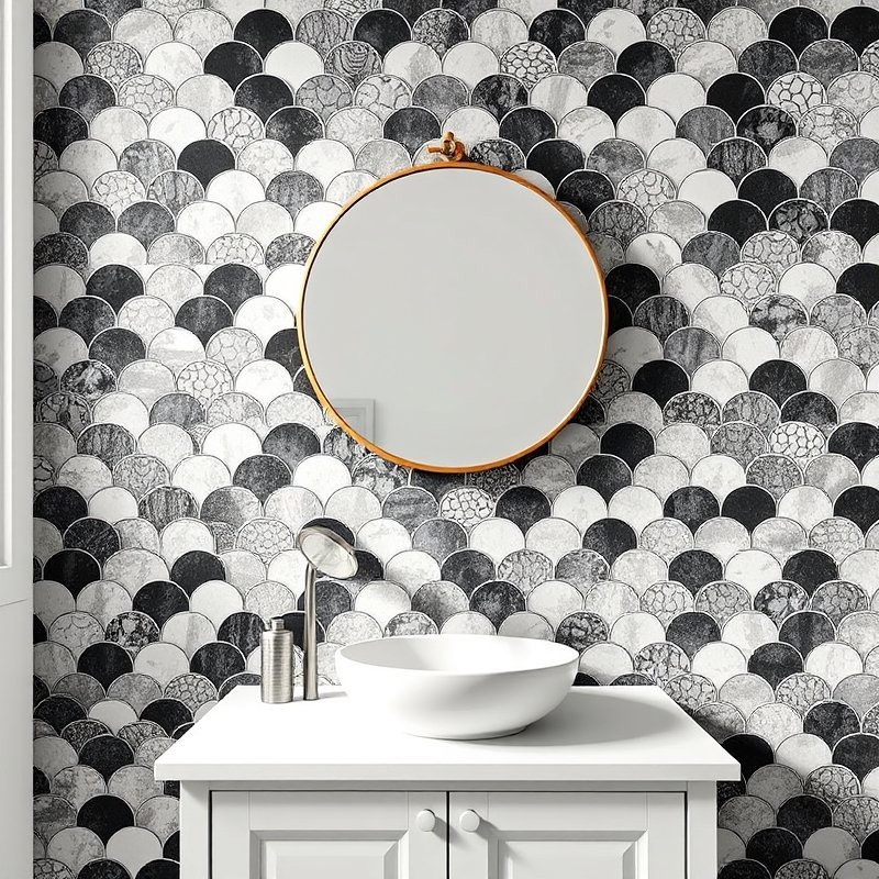 24 Black and White Bathroom Ideas That Create a Timeless, Elegant Look You Must Try 18 black and white Moroccan fish scale tiles on an accent wall