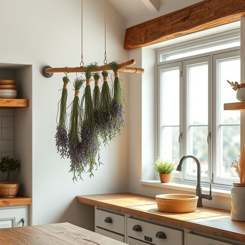 Bundles of dried eucalyptus hanging from a wooden rod