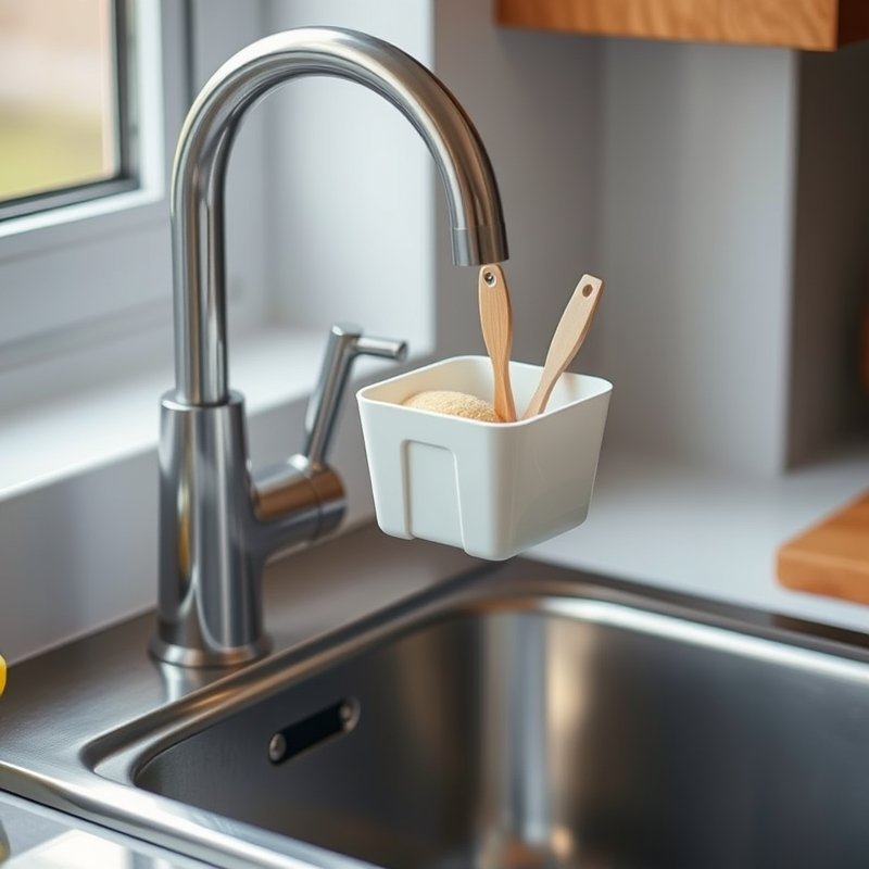 21 Kitchen Organization Ideas That Declutter Your Space and Make Cooking Easier Try These Now 20 kitchen sink with caddy hanging on faucet holding sponge and soap dispenser