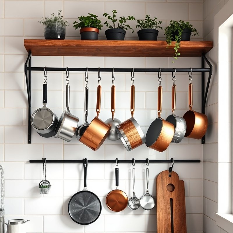 21 Kitchen Organization Ideas That Declutter Your Space and Make Cooking Easier Try These Now 5 kitchen wall with black metal rack holding copper pots and pans on hooks